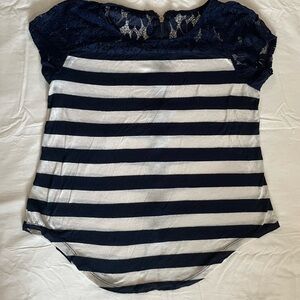 Striped Navy and White Lace Blouse